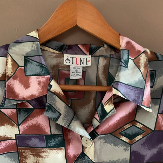 Vintage Silk  blouse, Geometric Stained Glass Sty… - image 7