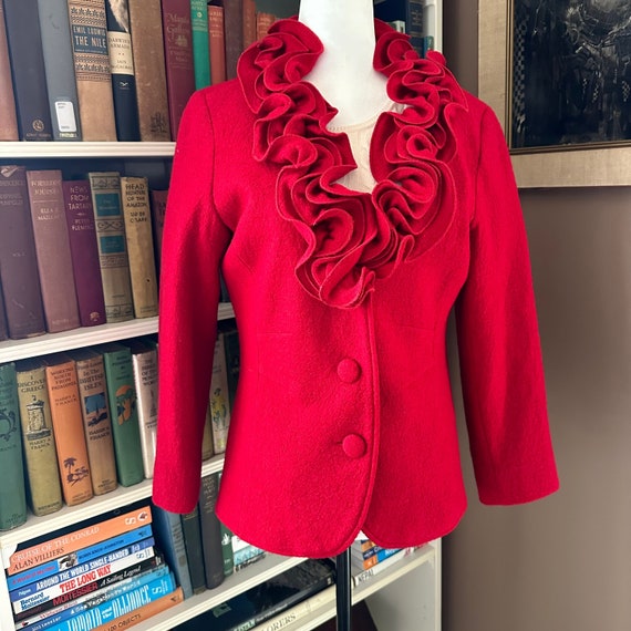 Vintage Red Boiled Wool Jacket: Flutter Collar Ho… - image 1