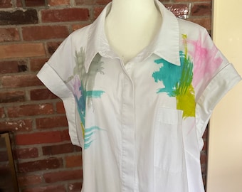 White plus size Blouse, Size 22, Short Sleeve Button Down top, pure cotton Shirt, Modern Artist print, Cottage resort Casual, Loose fit