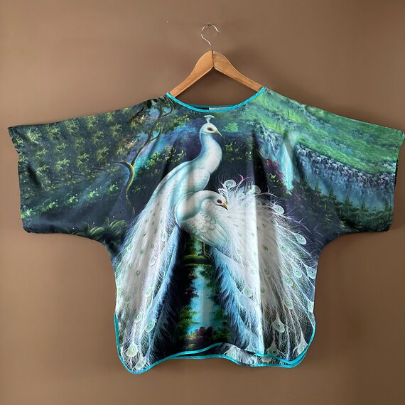 Short Silk Kaftan, peacock print both sides, Silk… - image 2