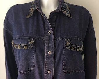 Classic Blue denim Jean shirt, Denim Chambray Shirt, Button up, Long sleeves ,Front pockets, Bronze Glass bead embellishments,  chest 46"
