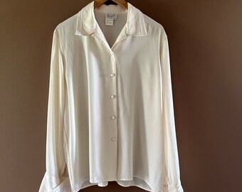 Vintage 80s CHAGALL silky blouse, Ivory color, front buttons, Long sleeve, collared, semi opaque,