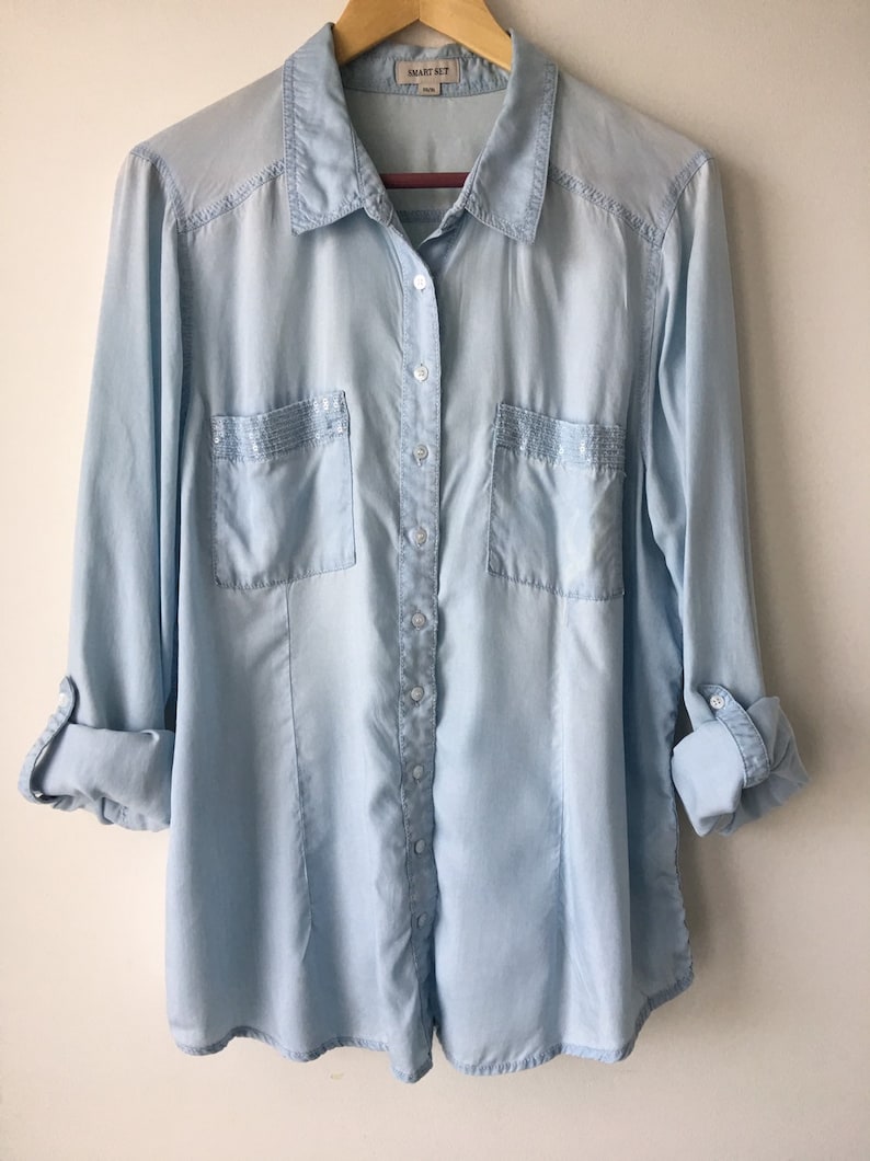 Vintage Blue Shirt Long Button Up Front pocket shirt Long sleeves 90s Boho Hipster Western shirt Ultra soft ECO friendly Lyocell plus Size