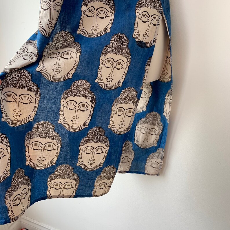 BUDDHA long tunic Top 70s Block print blue dress Boho Hippie Buddha Caftan long side slits Yoga dress Novelty Block print size Small