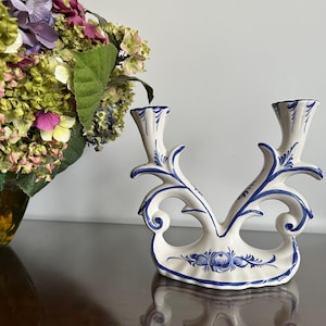 Vintage Ceramic Double Candelabra,  Hand painted blue and white ceramic, Portuguese Pottery, Double Candlestick,  Made in Portugal, gift