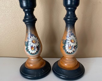 Vintage TOLE Candlesticks, Hand Turned Hand painted Wooden candleholders, 1960s German, brass top, Set of Two, rustic home, Farmhouse,