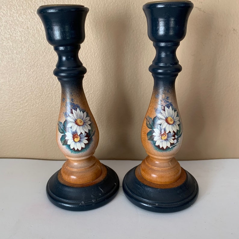 Vintage TOLE Candlesticks, Hand Turned Hand painted Wooden candleholders, 1960s German, brass top, Set of Two, rustic home, Farmhouse, image 1