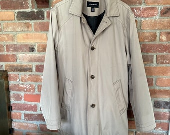 Mens button up raincoat, Vintage khaki all season overcoat, Tan Trench coat, 3/4 length, back slit, London Fog