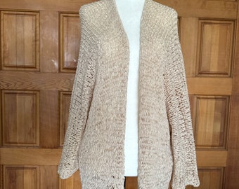Loose Knit Cardigan, open front, Ivory color, sheer stretch Mesh-knit, Soft ribbon Crochet, spring summer lightweight cardigan, Italy