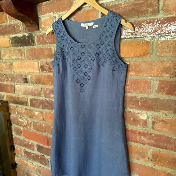 Indigo Linen Dress, Sleeveless eyelet embroidered… - image 7