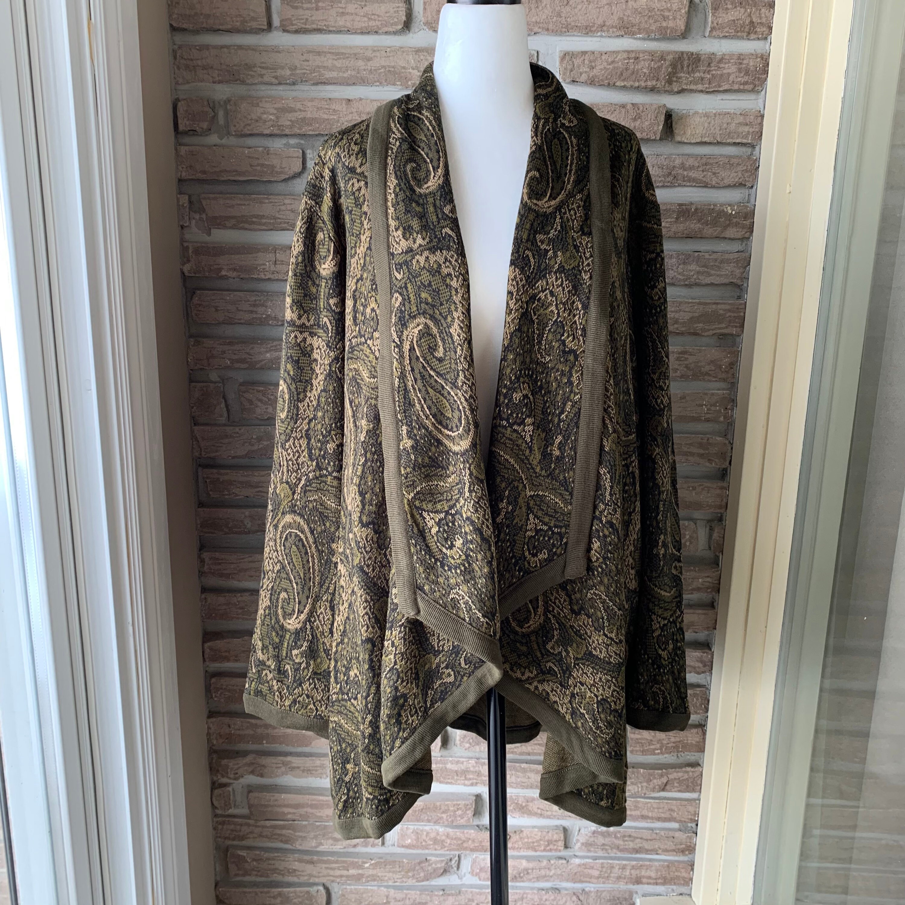 IldiVintage 1990s Paisley Print 3X Cardigan, Open Front Waterfall Cardigan, Loose Fit, Wide Sleeves by Nina Leonard
