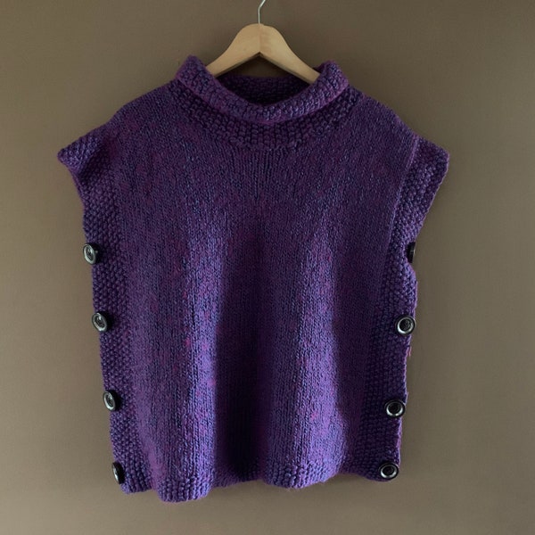 Handknit sweater vest, One of a kind thick wool knit , Modern Minimal, mottled Purple sleeveless sweater, warm chunky sweater, side buttons