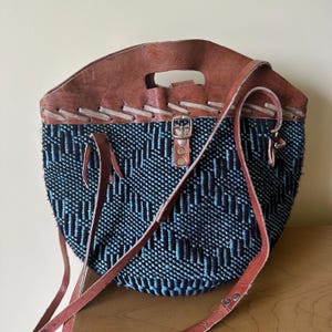 African Hand Woven wool leather Bag, Crossbody Bag,  Boho Bag, Gift for her, Black & Blue market day Bag, Top closing