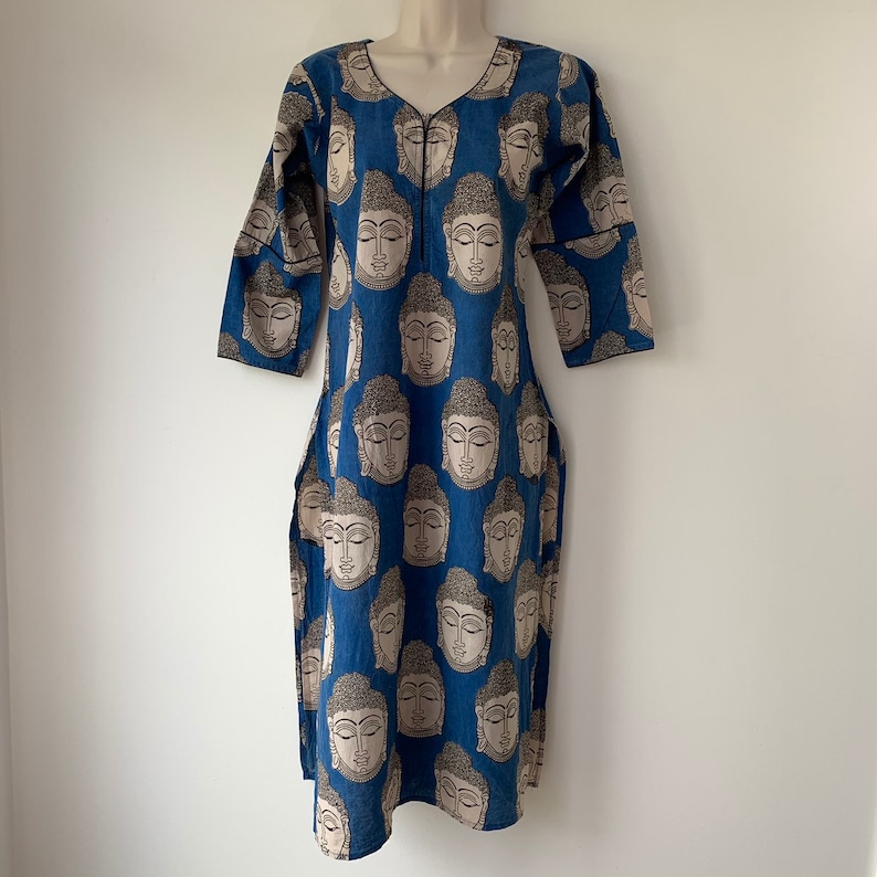 BUDDHA long tunic Top 70s Block print blue dress Boho Hippie Buddha Caftan long side slits Yoga dress Novelty Block print size Small