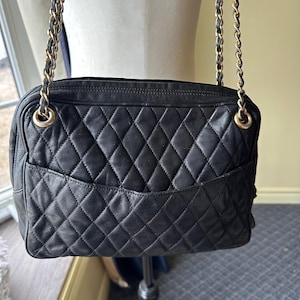 Classic Black Quilted Leather Bag, Ultra soft shoulder bag, Double Leather Chain Strap ,  Zipper closing, slouchy  11 X 8 X 3