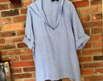 Light Blue Linen Tunic Dress, 3X hooded top, Long loose fitting Linen Tunic,  100% Linen, casual wear, layering tunic top, long sleeves