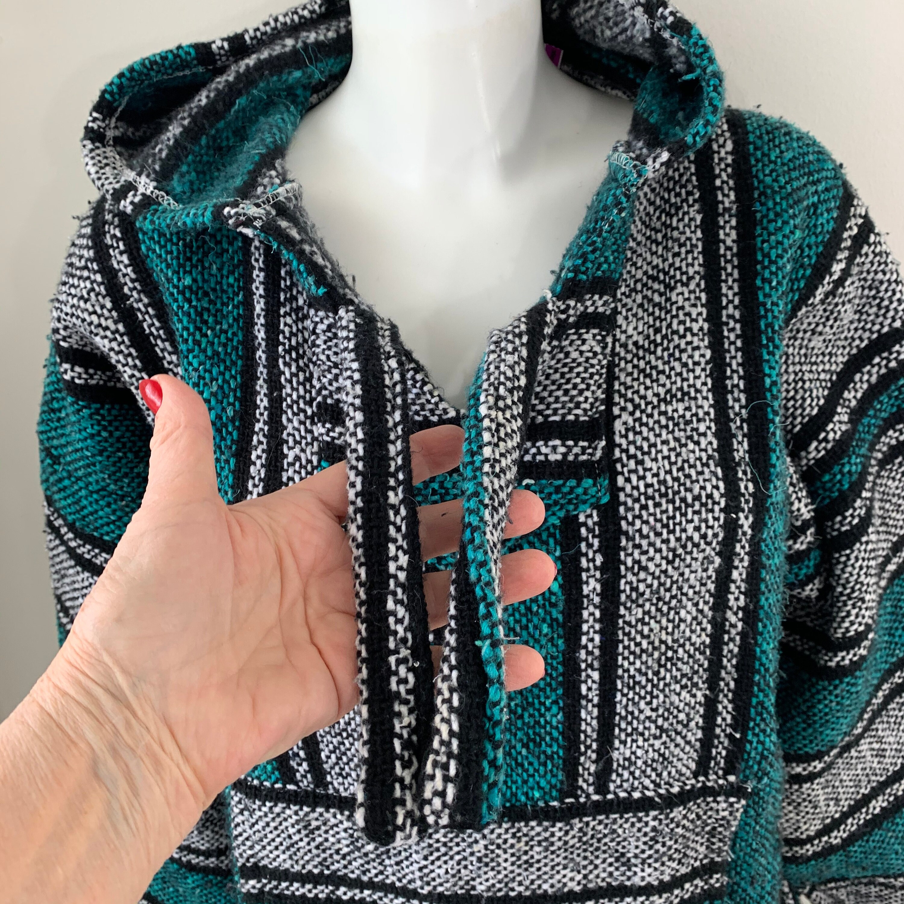 Vintage Baja Hoodie Mexican Hooded Sweater Green White Woven