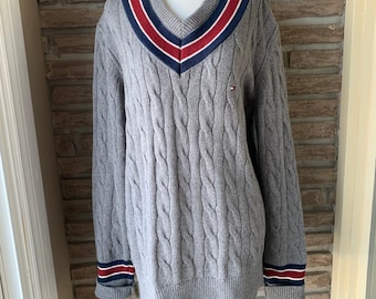 Pull gris en tricot des années 90, pull-over athlétique, mélange de laine et de coton, épais Tommy Hilfiger, pull superposé, homme L, unisexe
