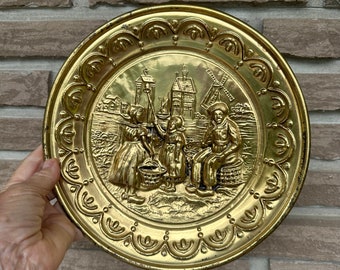 Vintage Embossed Brass Wall Plate: English Street Scene Decor