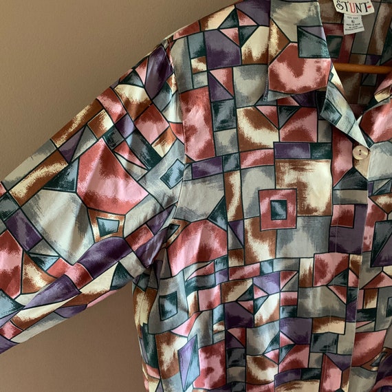 Vintage Silk  blouse, Geometric Stained Glass Sty… - image 8
