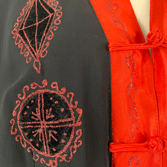 Black silk robe Chinese inspired Red satin trim E… - image 3