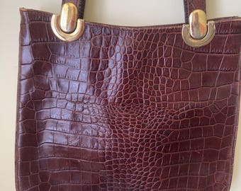 Vintage Cristian  Italy Shoulder Bag, Crocodile embossed Genuine Leather Brown handbag, 1980s, elegant style