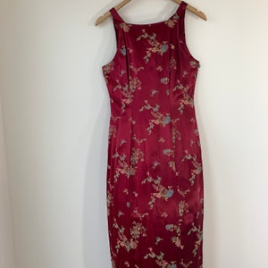 Long Asian Dress Cheongsam Style Bordeau Satin High Back Dress Cherry ...