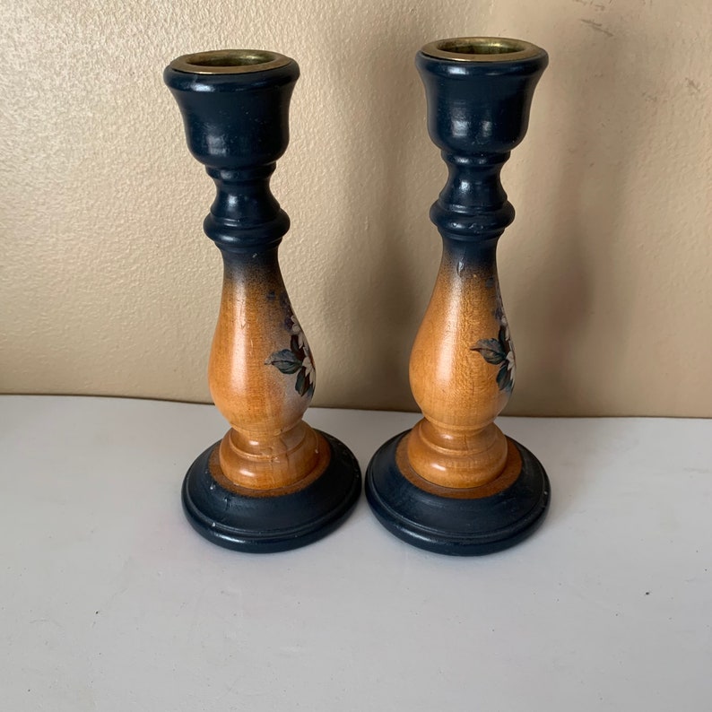 Vintage TOLE Candlesticks, Hand Turned Hand painted Wooden candleholders, 1960s German, brass top, Set of Two, rustic home, Farmhouse, image 9