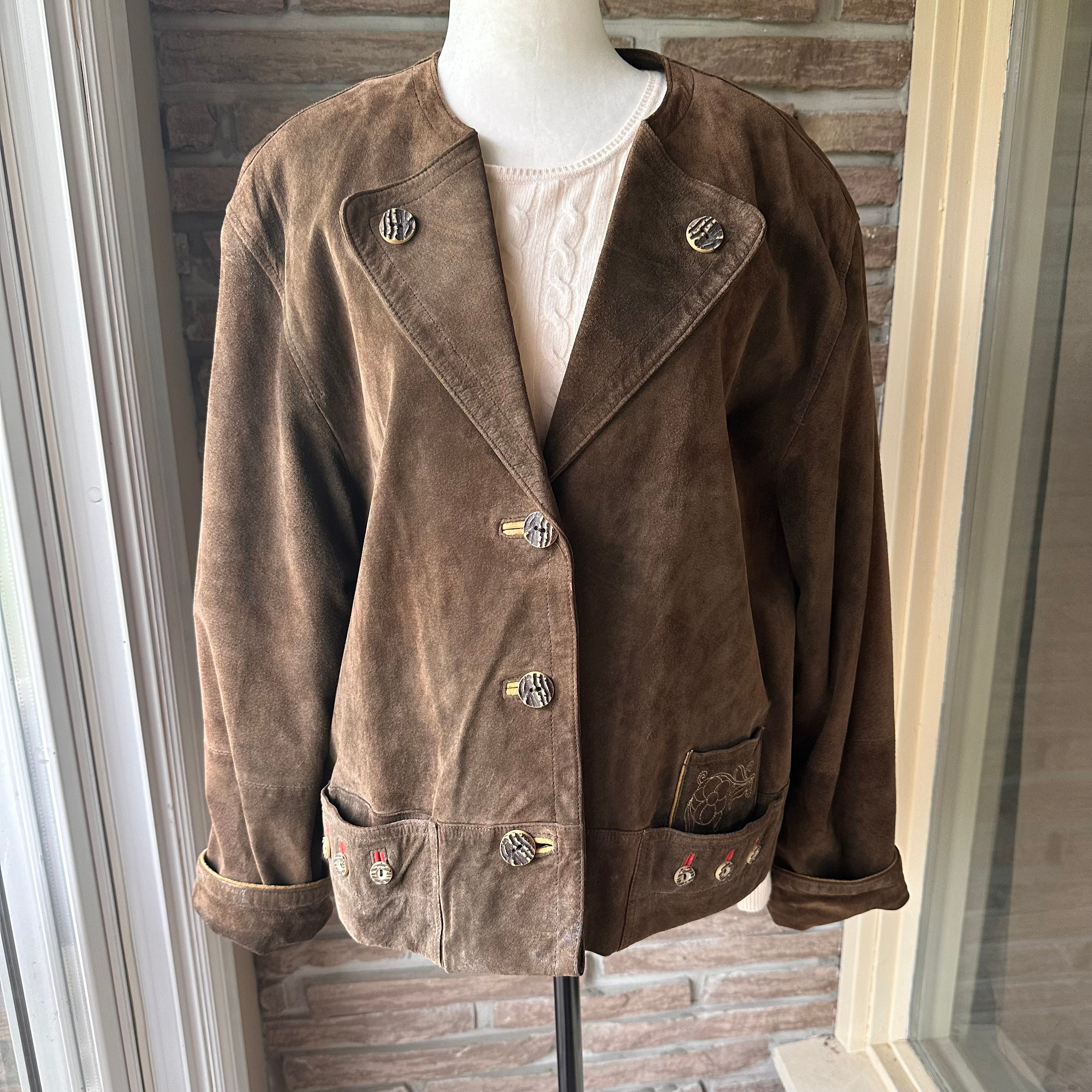 Vintage Suede Jacket, Tyrol folk jacket, dark brown pig suede Leather, Trachten Jacket, Oktoberfest, Dirndl Jacket, chest 46