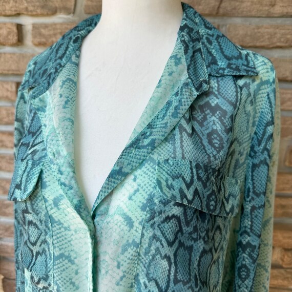 Teal snake print chiffon long blouse, front butto… - image 2