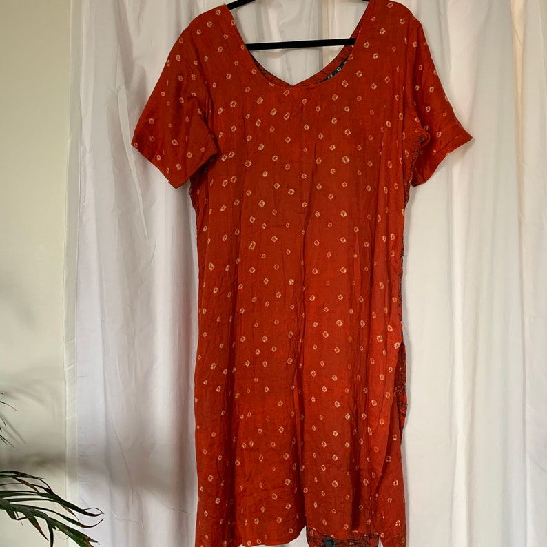 70/'s Batik MuuMuu dress Ethnic Floral Kaftan Embroidered Mirror work Side slits Bohemian Burnt orange Green India womens Plus size chest 46