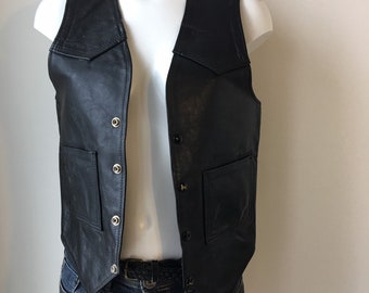 Vintage Black Leather Vest: 80s Rocker Motorcycle Vest, Women's Small