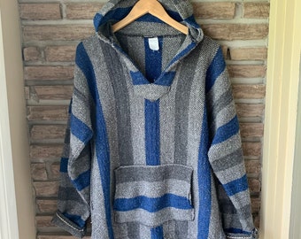 Mexican Baja hoodie, Woven Hooded sweater, Blue gray Rug blanket, Striped,Hippie Boho ,Surfer blanket, Festival wear, Southwestern chest 44"