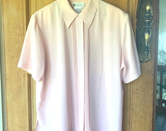 80s Vintage Peach Silky Blouse, Embroidered Pintuck Top, Size 16, loose fit