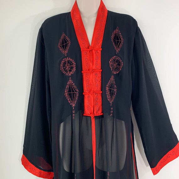 Black silk robe Chinese inspired Red satin trim E… - image 6