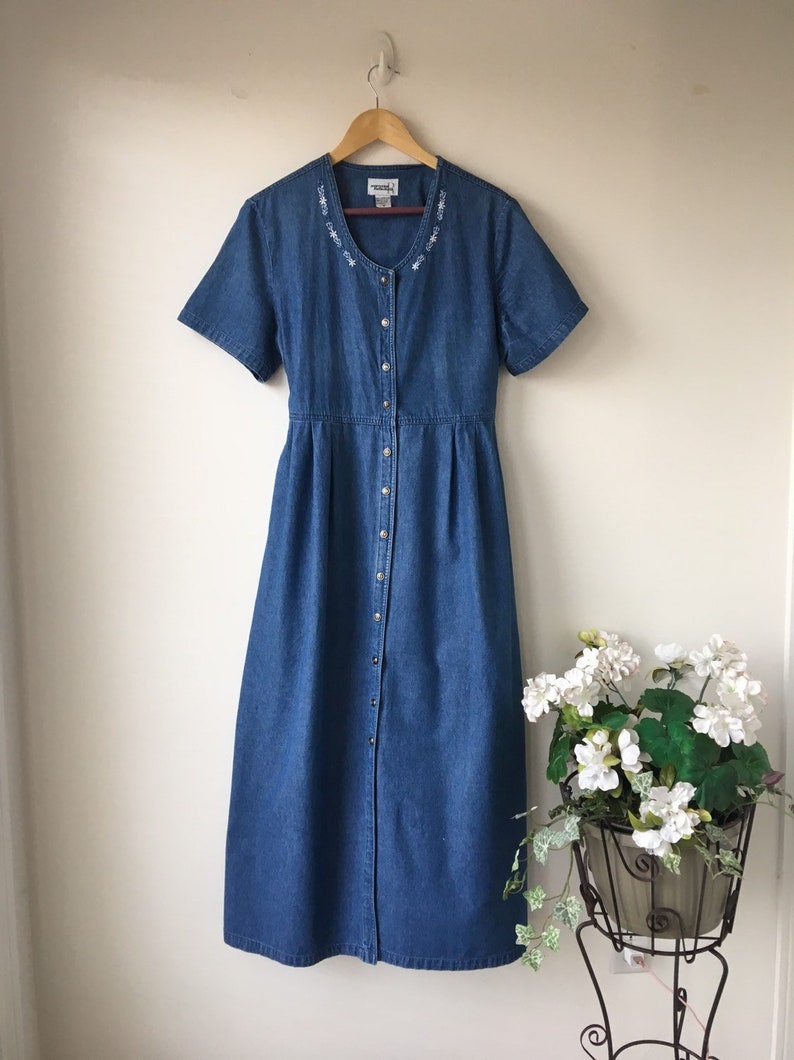 Blue Denim dress Button down Maxi Boho Farmer dress Floral embroidery Long Duster jacket Layering Jean dress Plus size Blue Denim dress Button down Maxi Boho Farmer dress Floral embroidery Long Duster jacket Layering Jean dress Plus size