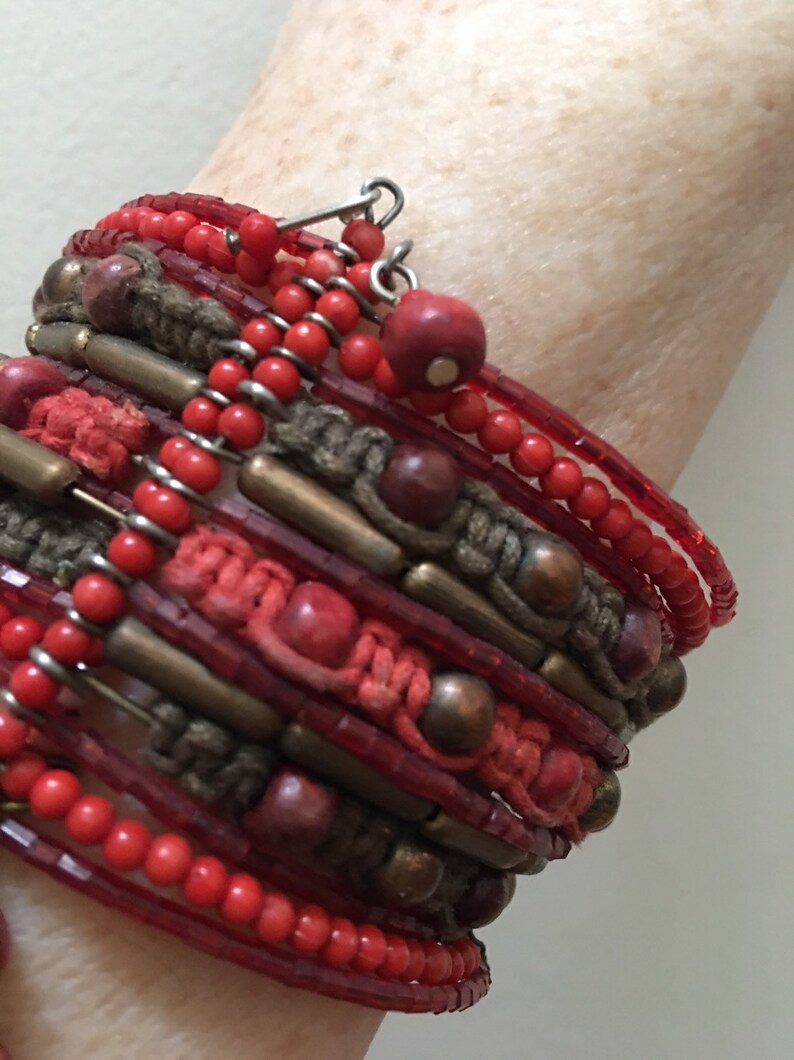 Beaded bracelet wrap cuff Bracelet Expandable Macrame Red coral brown wire Wrap bracelet Copper beads Boho Festival jewelry Handmade India