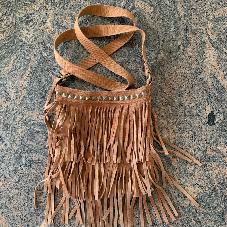 Fringed hippie bag Leather Cross body Shoulder bag Brass | Etsy