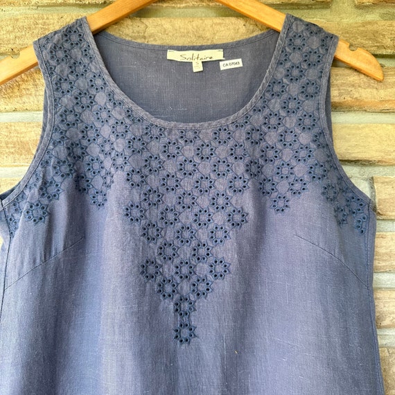 Indigo Linen Dress, Sleeveless eyelet embroidered… - image 5