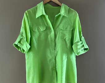 90s Lime green Silk blend shirt, Vintage Button up top, Adjustable  Long Sleeve Blouse, Minimal  Shirt with Pockets