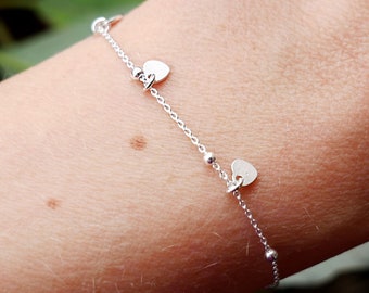 Heart bracelet in minimalist recycled 925 silver for women, fine chain, alternating round beads, accumulable and adjustable