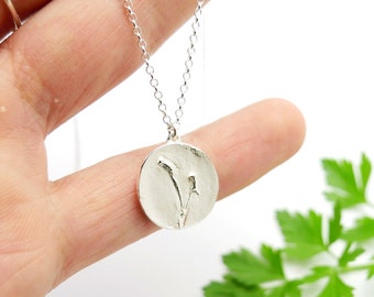 Medallion on adjustable chain in 925/1000 silver with two small field flowers, adjustable chain necklace, vegetable pendant