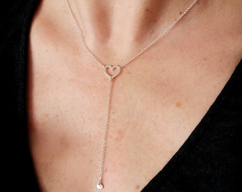 Collier Y femme cœur évidé en argent 925 recyclé minimaliste pour femme sur chaine fine réglable