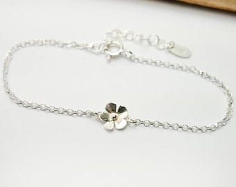 Pulseira de flor de cerejeira em prata 925, pulseira fina minimalista de sakura, pulseira de flor de prata maciça ajustável e empilhável