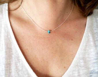 Collier solitaire turquoise minimaliste et réglable en argent massif 925, collier fin femme en argent massif fabriqué en France