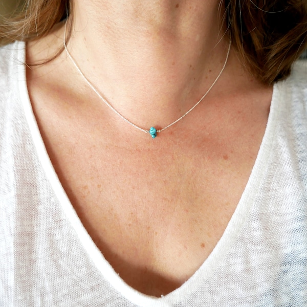 Collier solitaire turquoise minimaliste et réglable en argent massif 925, collier fin femme en argent massif fabriqué en France