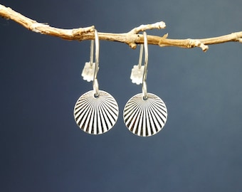 Boucles d'oreilles en argent 925 recyclé pendantes Soleil Levant, crochets d'oreilles pour femme avec pastille ronde