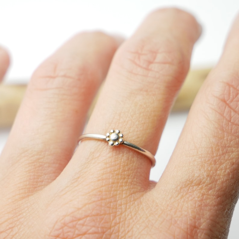 Very fine minimalist stackable ring in 925/1000 silver with flower motif, simple woman's silver ring, mini silver ring made in France image 1