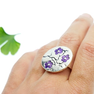 Adjustable ring in 925 silver Cherry Blossoms and purple resin, Sakura women's ring handmade in France, Japanese ring