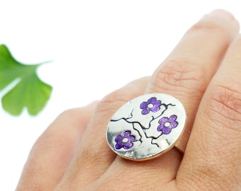 Purple Cherry Blossom adjustable sterling silver ring